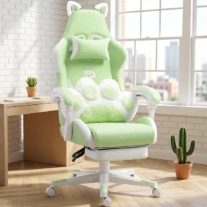 Chaise gaming kawaii oreilles de chat et coussin patte – Vert Chaise gaming kawaii oreilles de chat et coussin patte – Vert