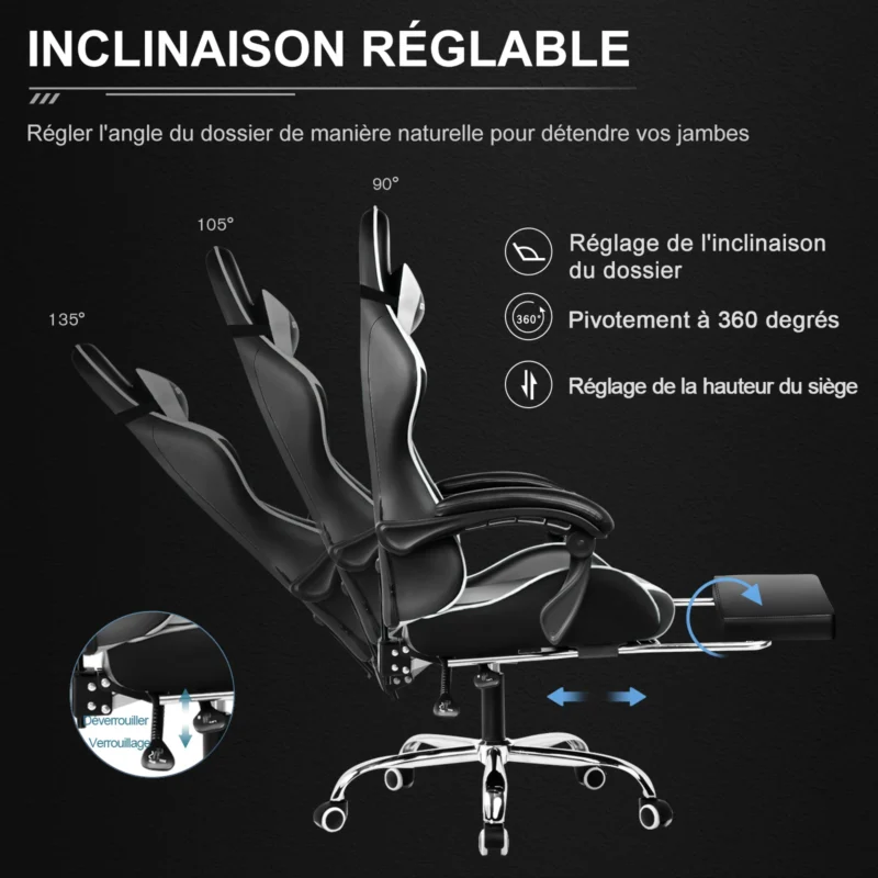 Chaise gaming massante avec repose-pieds – 8 coloris – vue 3