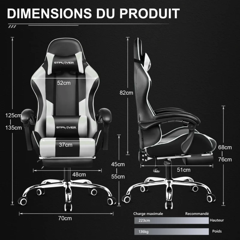 Chaise gaming massante avec repose-pieds – 8 coloris – vue 6