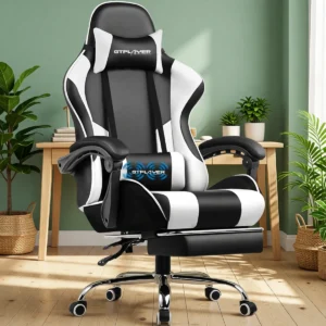 Chaise gaming massante avec repose-pieds – 8 coloris – Blanc