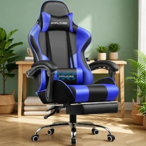 Chaise gaming massante avec repose-pieds – 8 coloris – Bleu