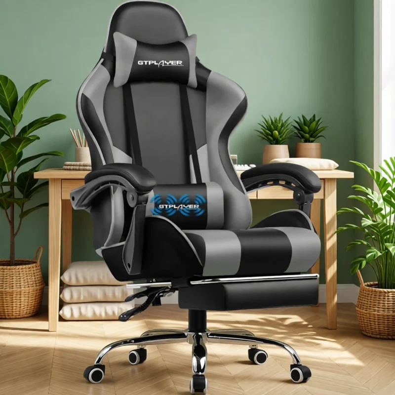 Chaise gaming massante avec repose-pieds – 8 coloris – Gris