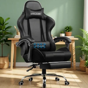 Chaise gaming massante avec repose-pieds – 8 coloris – Noir