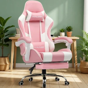 Chaise gaming massante avec repose-pieds – 8 coloris – Rose