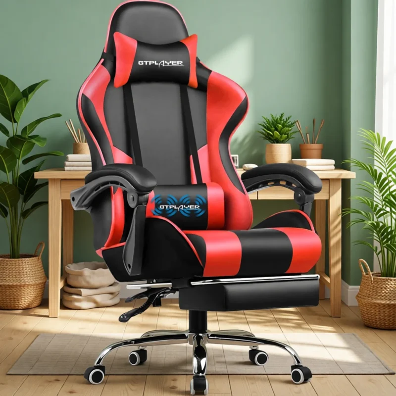 Chaise gaming massante avec repose-pieds – 8 coloris – Rouge