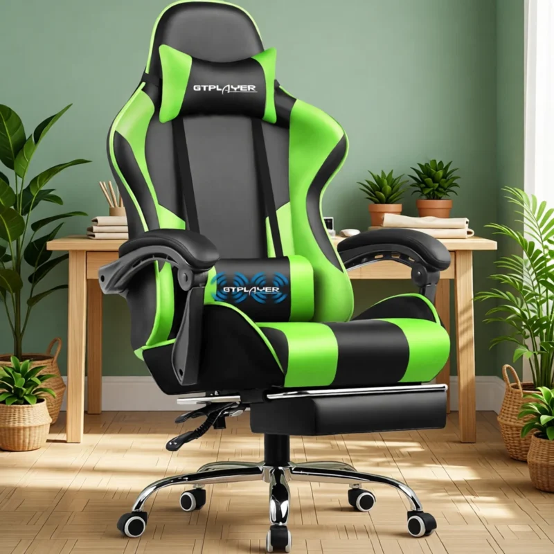 Chaise gaming massante avec repose-pieds – 8 coloris – Vert