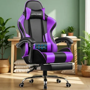 Chaise gaming massante avec repose-pieds – 8 coloris – Violet