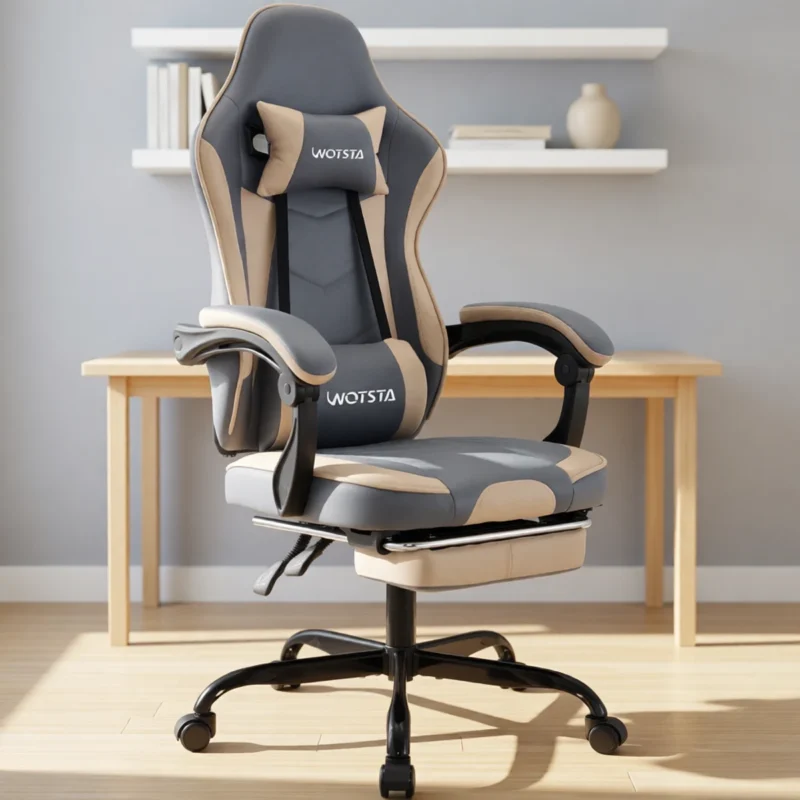Chaise gaming ergonomique avec repose-pieds – 6 coloris – Bleu et beige Chaise gaming ergonomique avec repose-pieds – 6 coloris – Bleu et beige