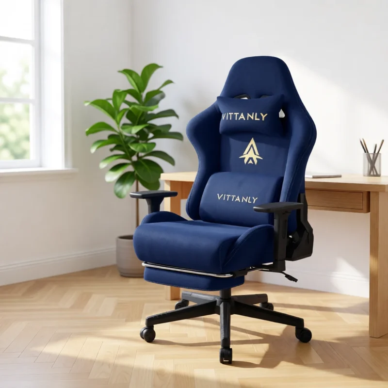 Chaise gaming en suédine avec repose-pieds – 6 coloris – Bleu marine