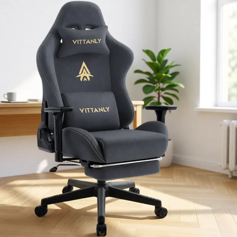 Chaise gaming en suédine avec repose-pieds – 6 coloris – Gris