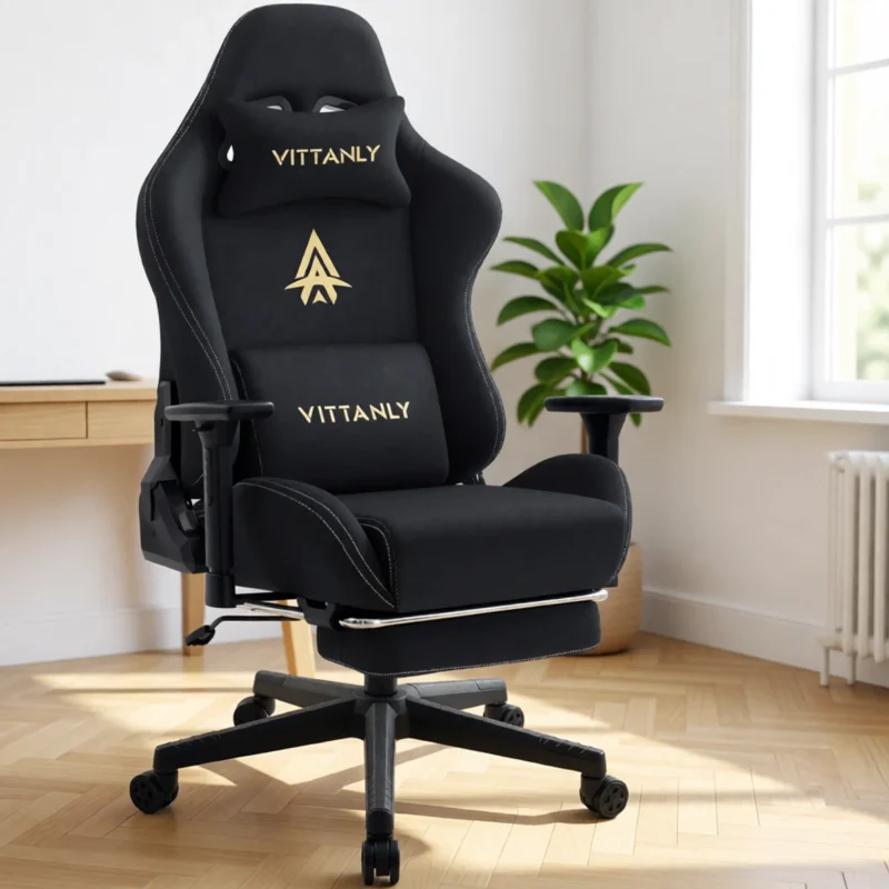 Chaise gaming en suédine avec repose-pieds – 6 coloris – Noir