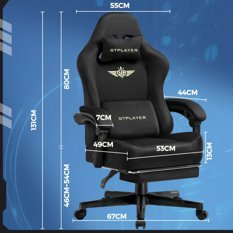 Chaise gaming en tissu, dossier inclinable 160° et repose-pieds – vue 2