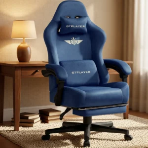 Chaise gaming en tissu, dossier inclinable 160° et repose-pieds – Bleu