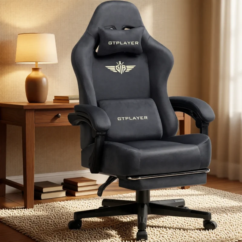 Chaise gaming en tissu, dossier inclinable 160° et repose-pieds – Gris