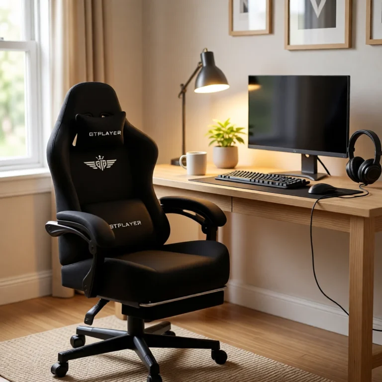 Chaise gaming en tissu, dossier inclinable 160° et repose-pieds sur un bureau