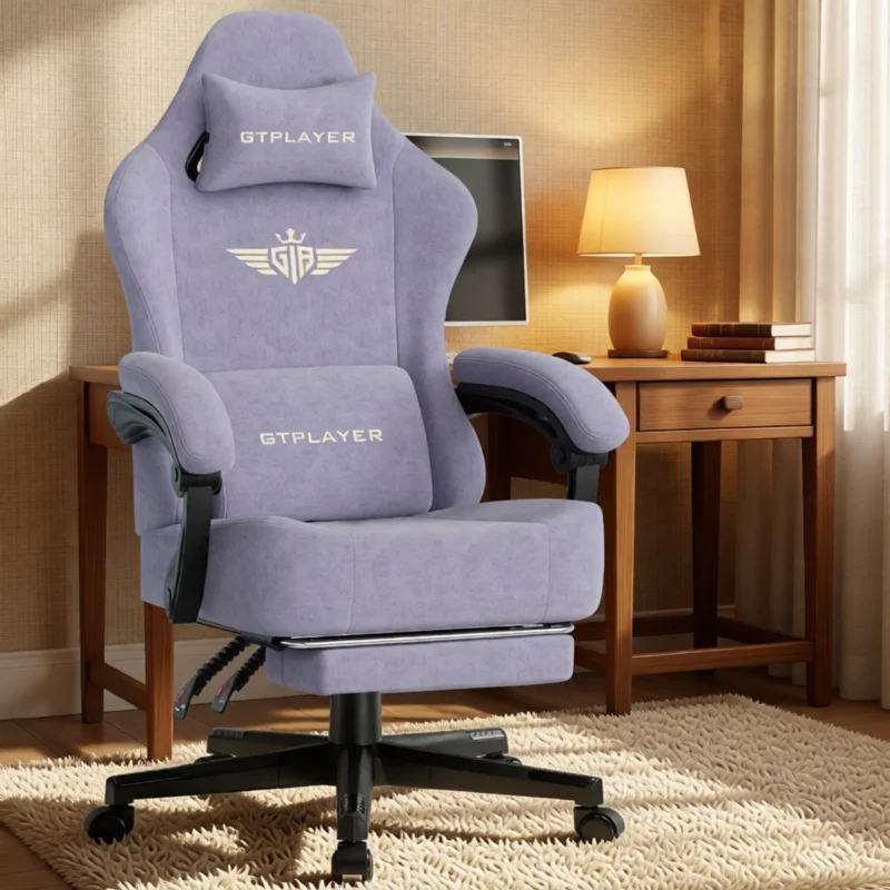 Chaise gaming en tissu, dossier inclinable 160° et repose-pieds – Lavande
