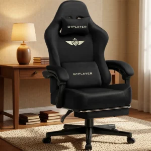 Chaise gaming en tissu, dossier inclinable 160° et repose-pieds – Noir