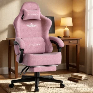 Chaise gaming en tissu, dossier inclinable 160° et repose-pieds – Rose
