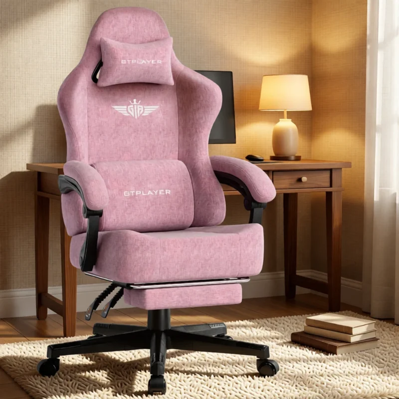 Chaise gaming en tissu, dossier inclinable 160° et repose-pieds – Rose