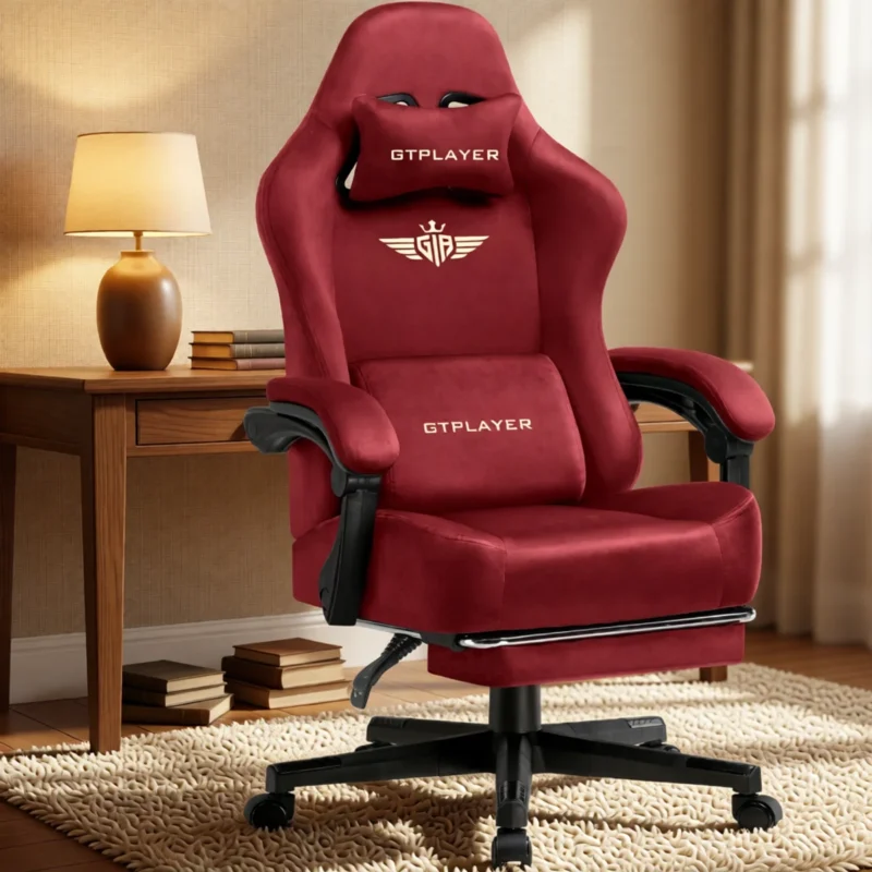 Chaise gaming en tissu, dossier inclinable 160° et repose-pieds – Rouge