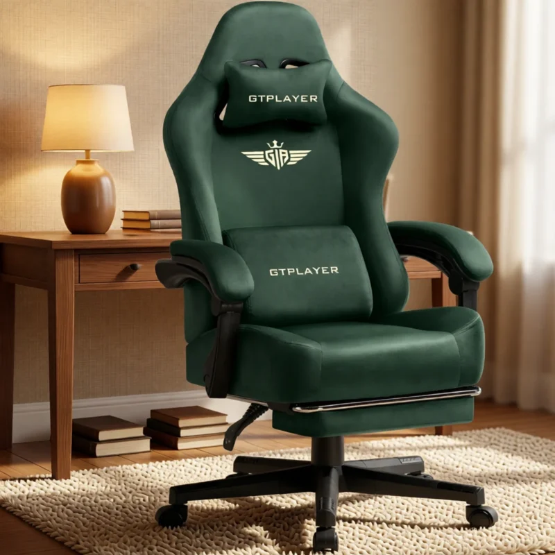Chaise gaming en tissu, dossier inclinable 160° et repose-pieds – Vert