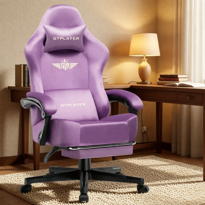 Chaise gaming en tissu, dossier inclinable 160° et repose-pieds – Violet