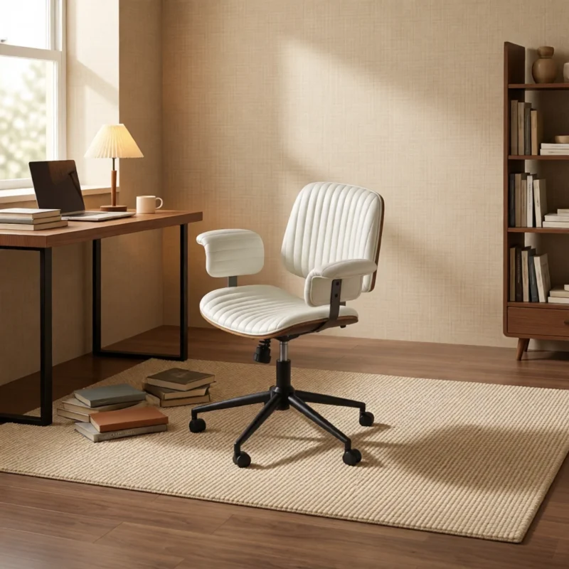 Chaise de bureau mid-century en simili cuir surpiqué – Beige