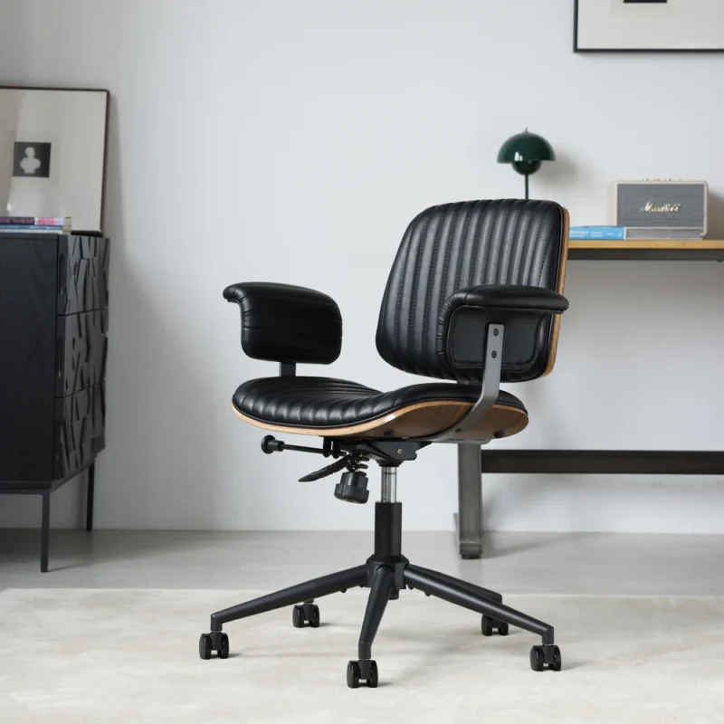 Chaise de bureau mid-century en simili cuir surpiqué – Noir