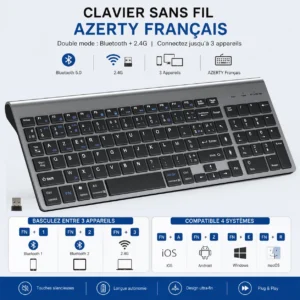 Clavier sans fil AZERTY Bluetooth + 2,4 GHz, 3 appareils – vue 2 Clavier sans fil AZERTY Bluetooth + 2,4 GHz, 3 appareils – vue 2
