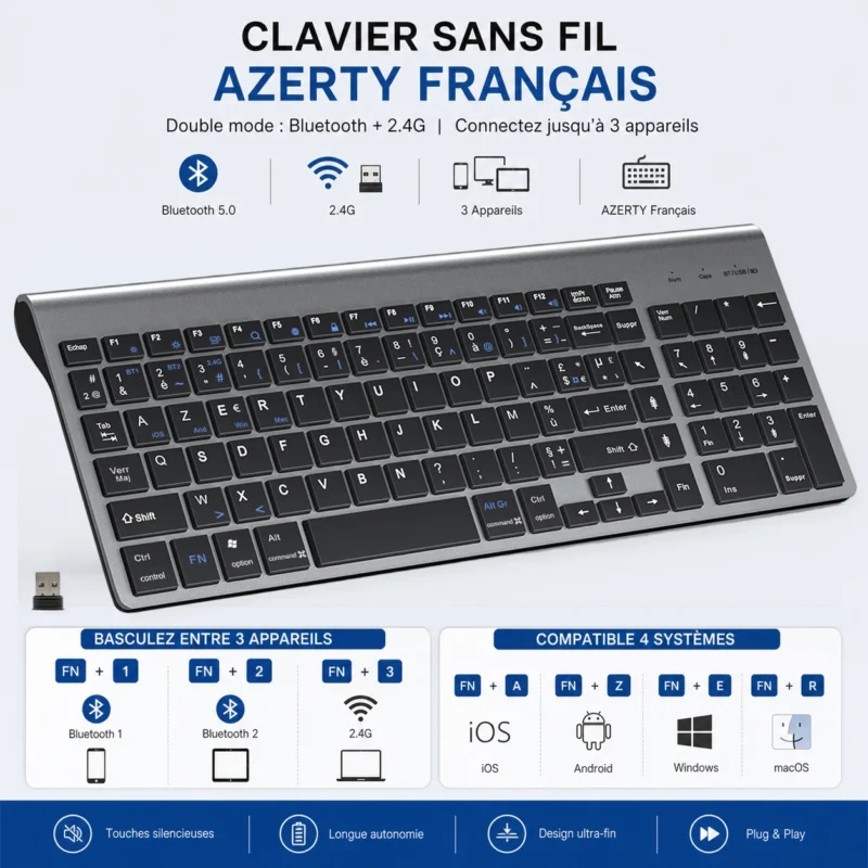Clavier sans fil AZERTY Bluetooth + 2,4 GHz, 3 appareils – vue 2 Clavier sans fil AZERTY Bluetooth + 2,4 GHz, 3 appareils – vue 2
