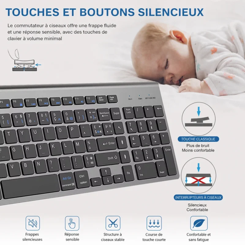 Clavier sans fil AZERTY Bluetooth + 2,4 GHz, 3 appareils – vue 3 Clavier sans fil AZERTY Bluetooth + 2,4 GHz, 3 appareils – vue 3