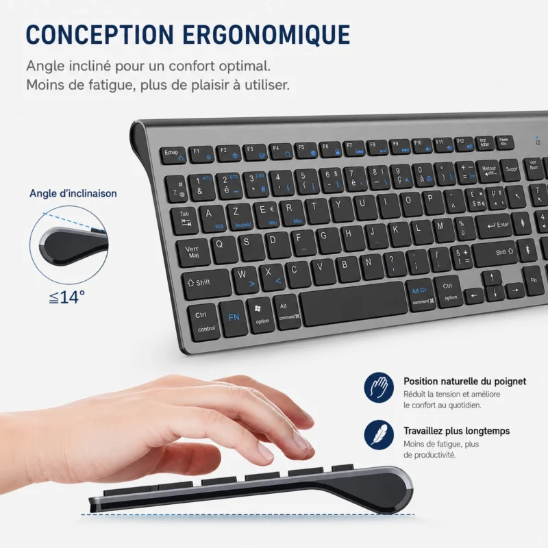Clavier sans fil AZERTY Bluetooth + 2,4 GHz, 3 appareils – vue 4 Clavier sans fil AZERTY Bluetooth + 2,4 GHz, 3 appareils – vue 4