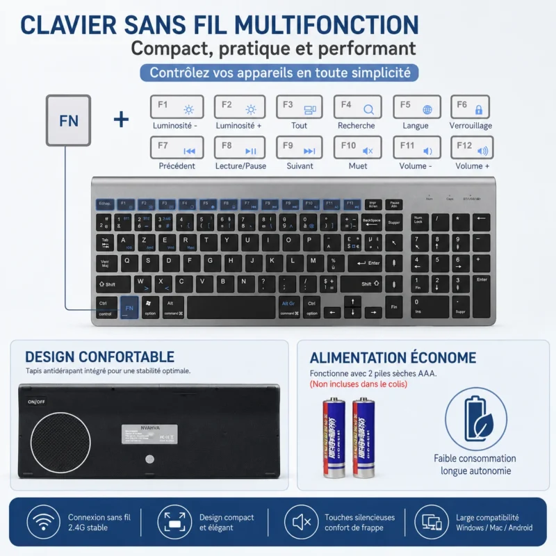 Clavier sans fil AZERTY Bluetooth + 2,4 GHz, 3 appareils – vue 5 Clavier sans fil AZERTY Bluetooth + 2,4 GHz, 3 appareils – vue 5