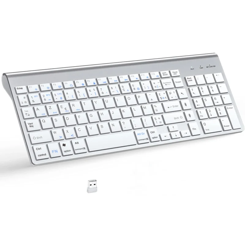 Clavier sans fil AZERTY Bluetooth + 2,4 GHz, 3 appareils – Argent Clavier sans fil AZERTY Bluetooth + 2,4 GHz, 3 appareils – Argent