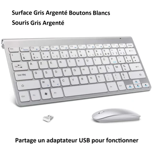 Clavier sans fil AZERTY ultra-fin, silencieux – Argent