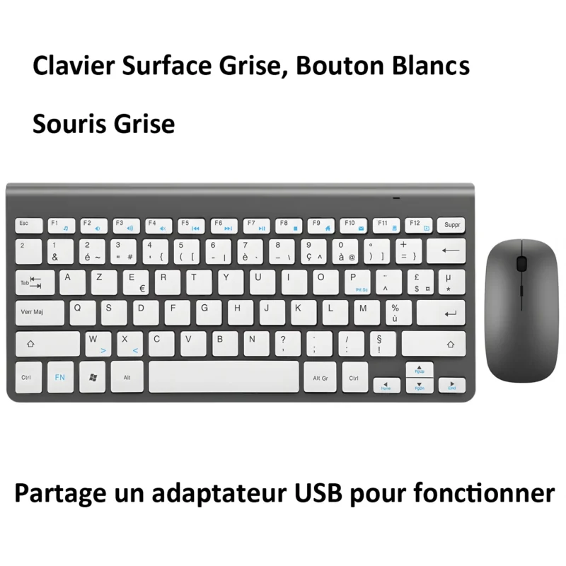 Clavier sans fil AZERTY ultra-fin, silencieux – Gris et blanc Clavier sans fil AZERTY ultra-fin, silencieux – Gris et blanc
