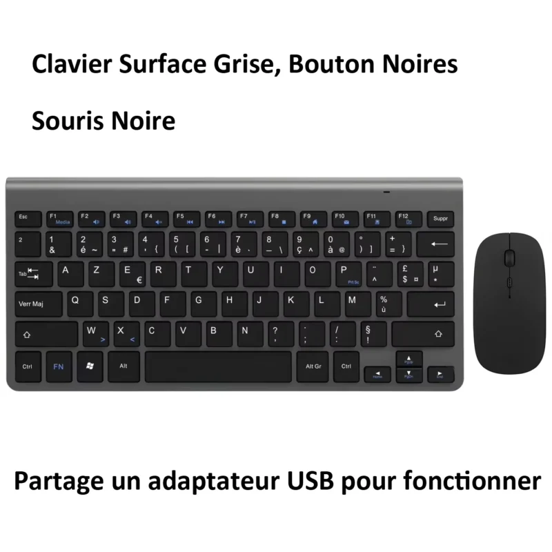Clavier sans fil AZERTY ultra-fin, silencieux – Noir et gris Clavier sans fil AZERTY ultra-fin, silencieux – Noir et gris