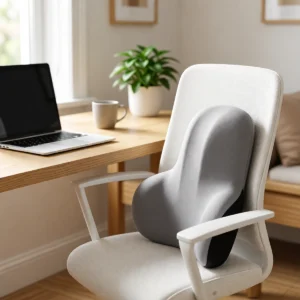 Coussin lombaire ergonomique en mousse à mémoire de forme en situation Coussin lombaire ergonomique en mousse à mémoire de forme sur un bureau