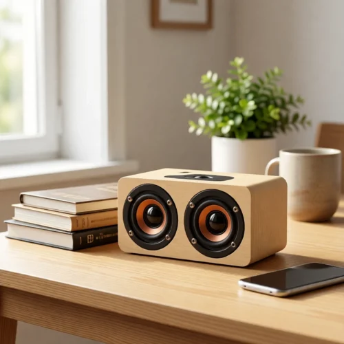 Enceinte Bluetooth rétro en bois sur un bureau