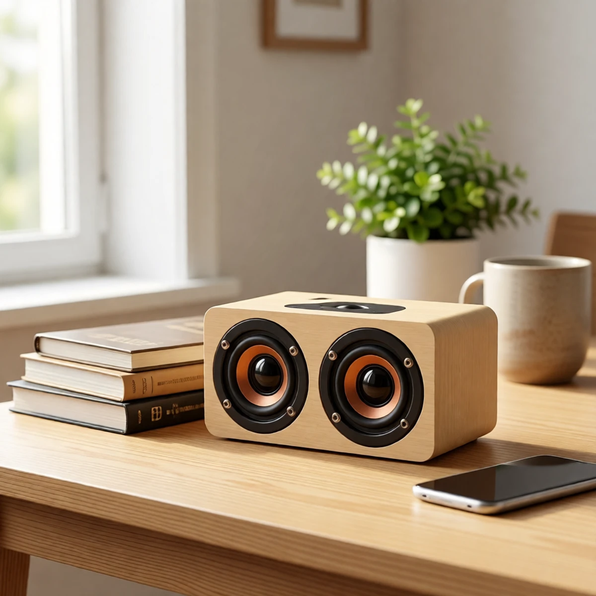Enceinte Bluetooth rétro en bois sur un bureau