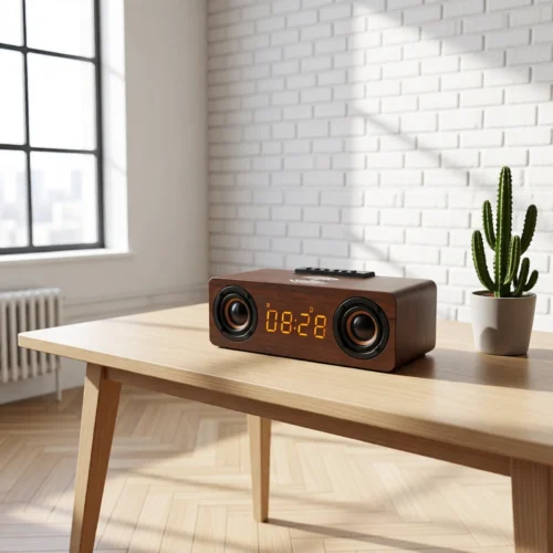 Enceinte en bois avec réveil et chargeur sans fil – vue 6