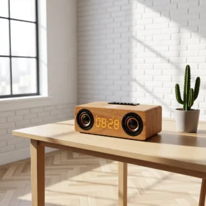 Enceinte en bois avec réveil et chargeur sans fil – Bois clair Enceinte en bois avec réveil et chargeur sans fil – Bois clair