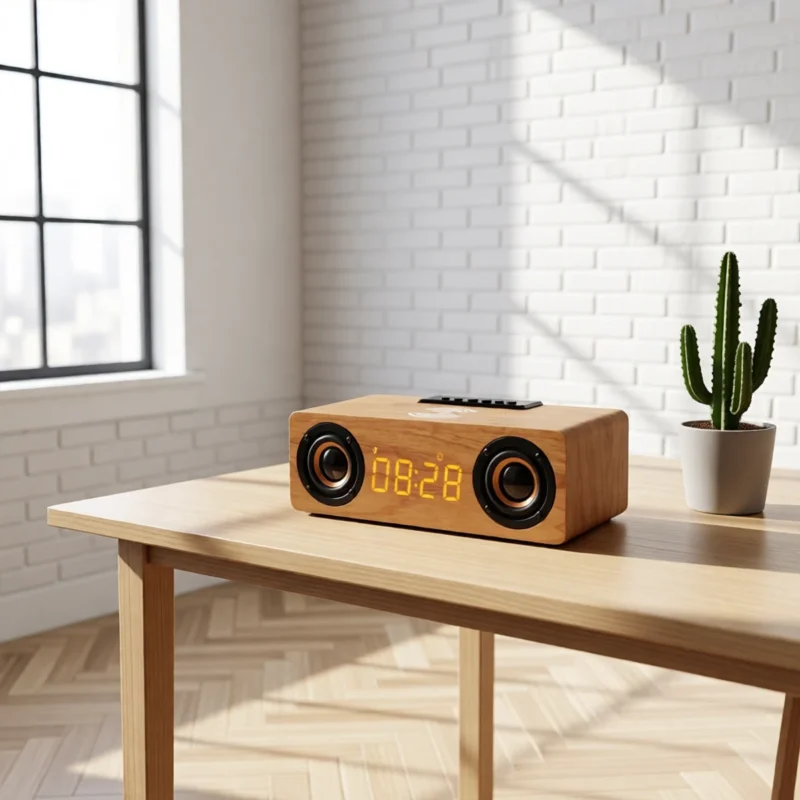 Enceinte en bois avec réveil et chargeur sans fil – Bois clair Enceinte en bois avec réveil et chargeur sans fil – Bois clair