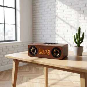 Enceinte en bois avec réveil et chargeur sans fil – Bois foncé Enceinte en bois avec réveil et chargeur sans fil – Bois foncé