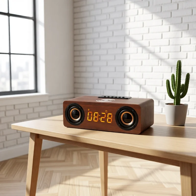 Enceinte en bois avec réveil et chargeur sans fil – Bois foncé Enceinte en bois avec réveil et chargeur sans fil – Bois foncé