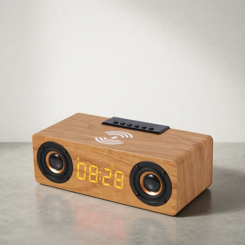 Enceinte en bois avec réveil et chargeur sans fil Enceinte en bois avec réveil et chargeur sans fil