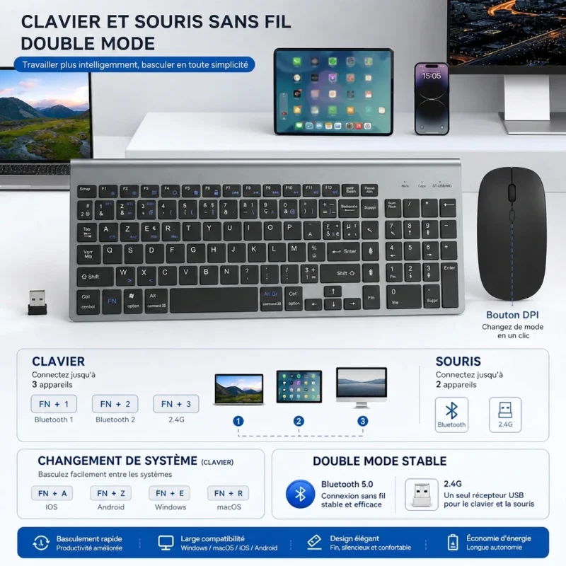 Ensemble clavier AZERTY et souris sans fil, ultra-fin Ensemble clavier AZERTY et souris sans fil, ultra-fin