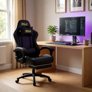 Fauteuil gamer inclinable 135° avec repose-pieds – 7 coloris en situation Fauteuil gamer inclinable 135° avec repose-pieds – 7 coloris sur un bureau