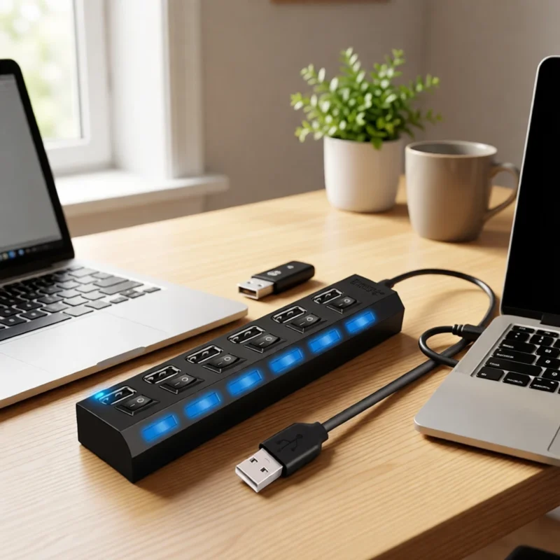 Hub USB 4 ou 7 ports avec interrupteurs en situation Hub USB 4 ou 7 ports avec interrupteurs sur un bureau