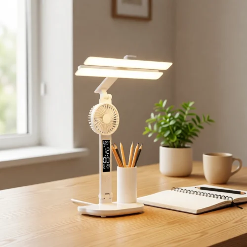 Lampe de bureau avec ventilateur, horloge et pot à crayons sur un bureau